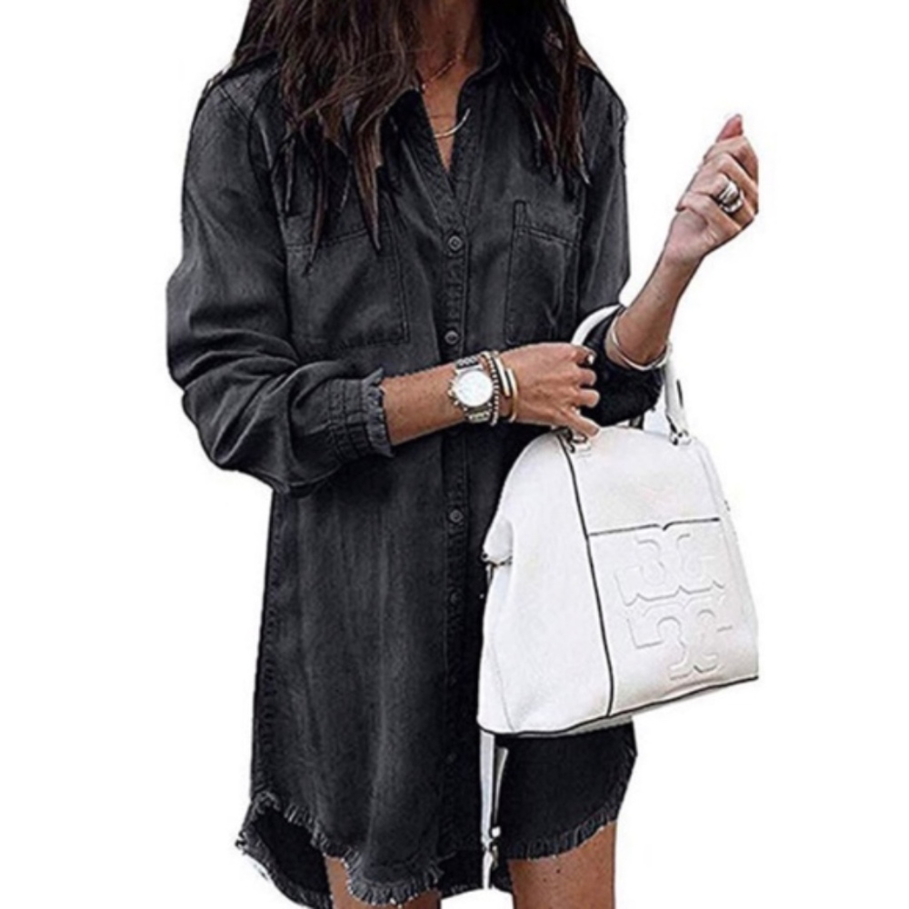 Denim button up pocket fray Tunic Dress black